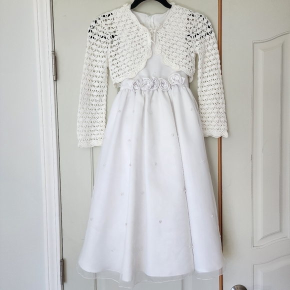 Flower Girl or First Communion Dress with Handmade Crochet Cardigan 8 - Picture 1 of 15